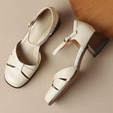 Women’s Leather Braided Ankle Strap Mid Heel Pumps