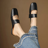 Women’s Leather Square Toe Chunky Heel Mules