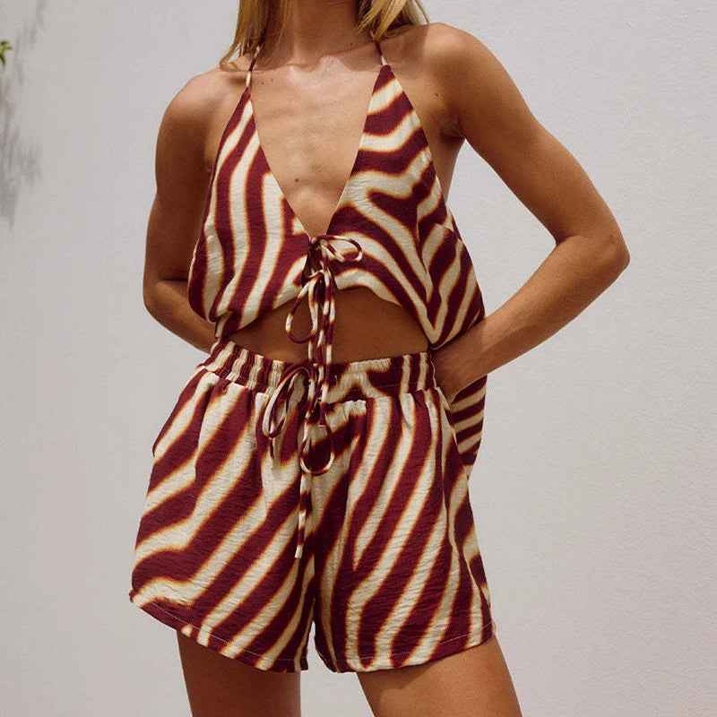 Havana Contrast Lace-Up Set in Camel — Shorts