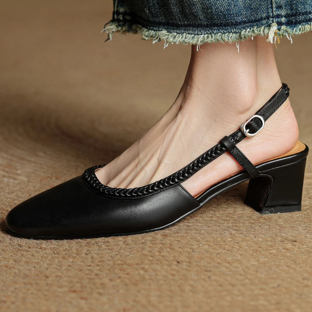 Women's Leather Slingback Heeled Sandals Round Toe