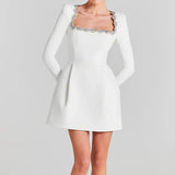 Éclat Lacceti Women's White Jewel Trim Long Sleeve Mini Dress