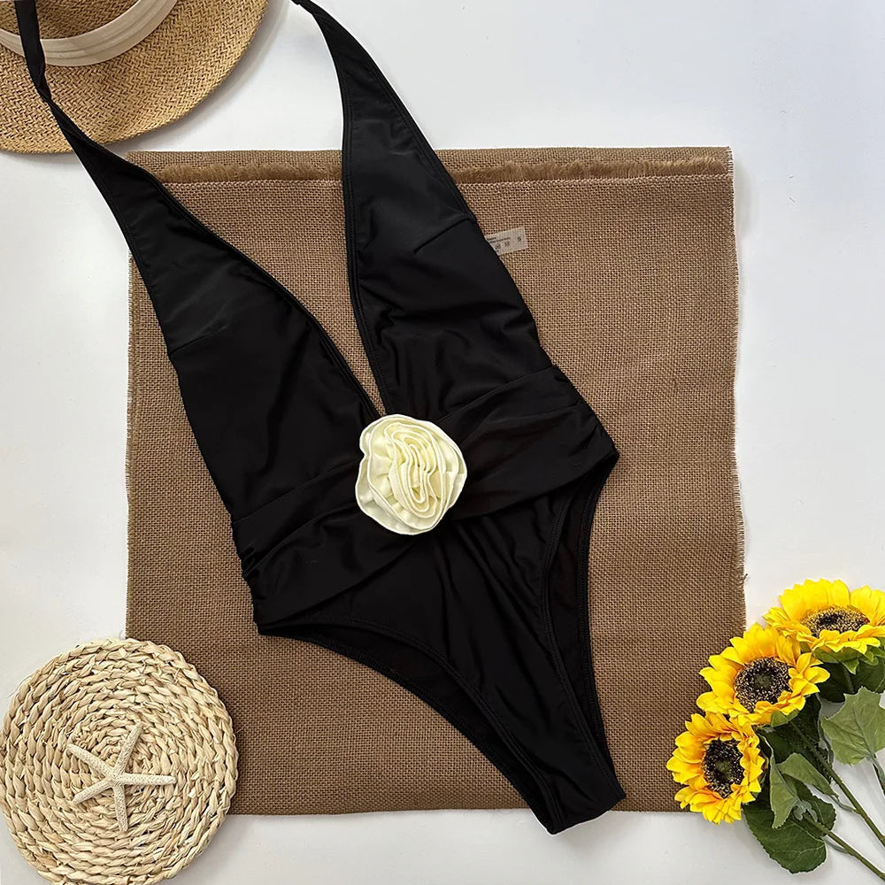 Riviera Rosette V-Neck One-Piece in Camel — Swimwear