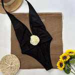 Riviera Rosette V-Neck One-Piece in Camel — Swimwear
