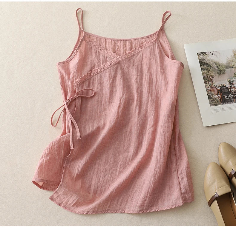 Women's Lace Up Cotton Linen Camisole Tank Top