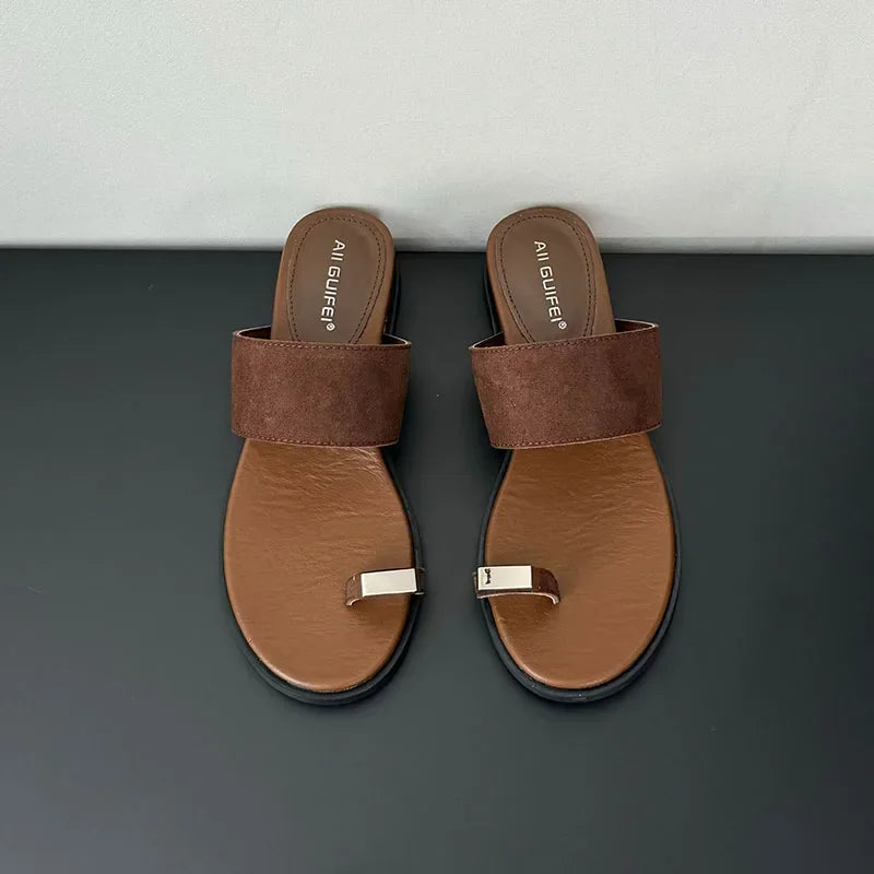 The Wide Strap Suede Toe Ring Slide