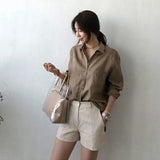 Women's Linen Oversized Shirt Shorts Set Beige