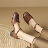 Women’s Leather Braided Ankle Strap Mid Heel Pumps