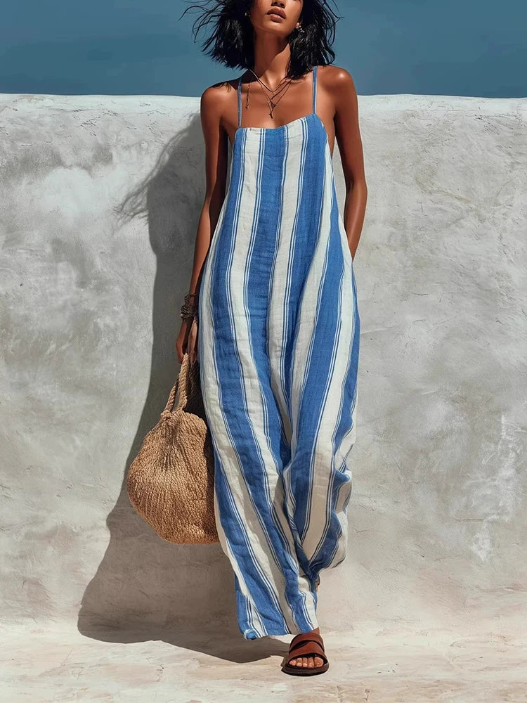 Women's Halter Wide Leg Jumpsuit Stripe Sleeveless