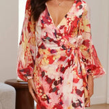 Women’s Floral Wrap Mini Dress Long Sleeve