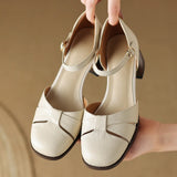 Women’s Leather Braided Ankle Strap Mid Heel Pumps