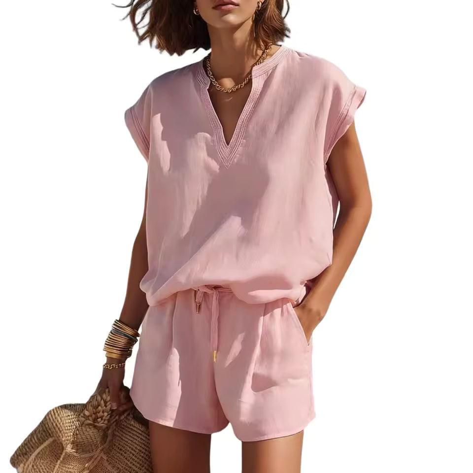Women's 2 Piece Cap Sleeve V Neck Shorts Set