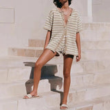 Women's Knit Striped Cardigan Shorts Set Summer