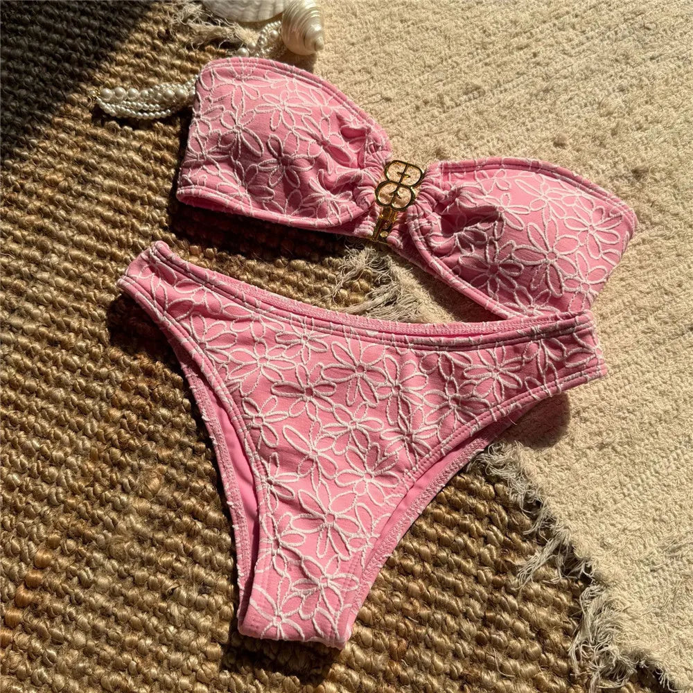 Women's Bandeau Bikini Set Floral Embroidery High Cut