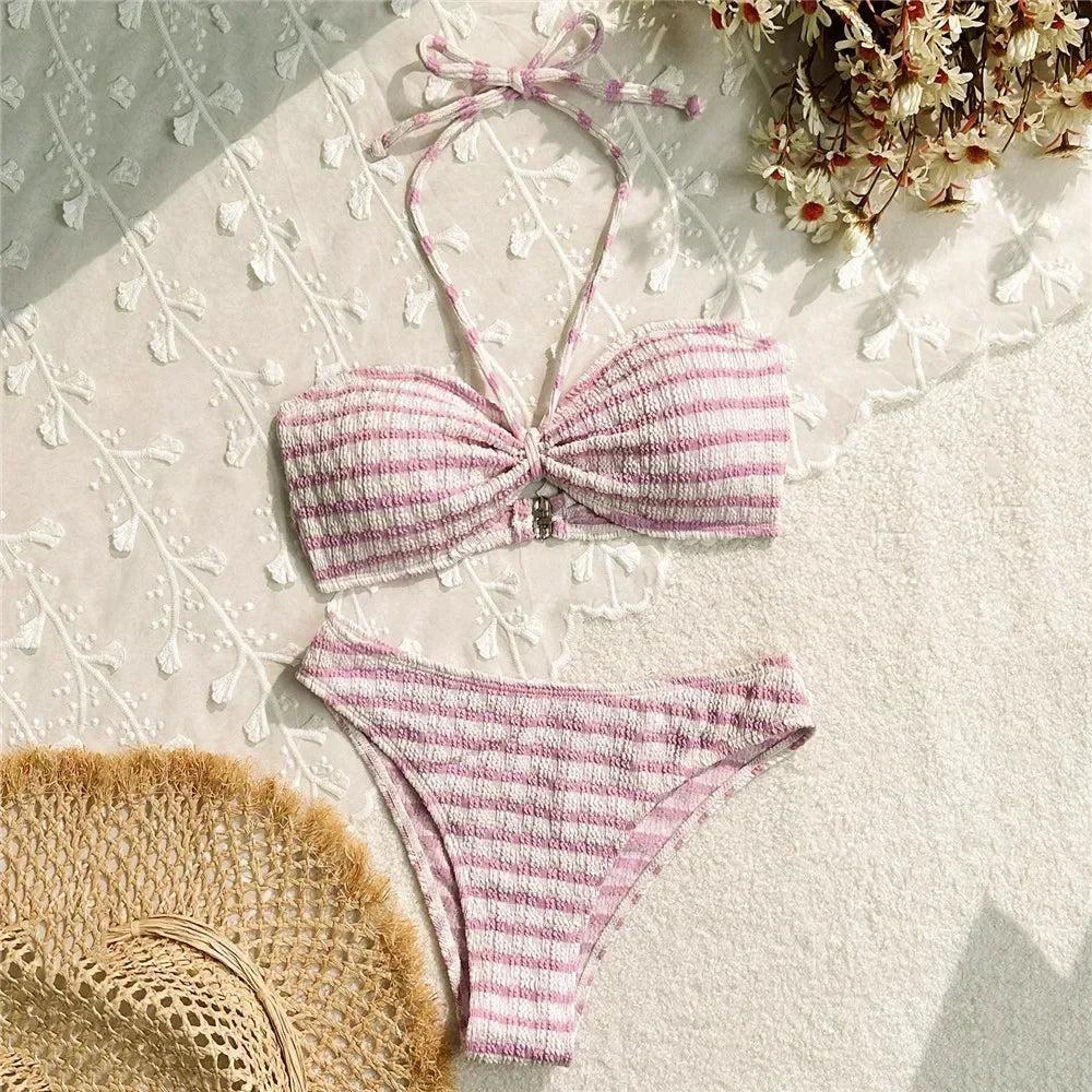 Women's Striped Halter Bikini Set Brazilian