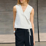 Women's Linen Tank Top V Neck Tie Front