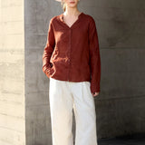 The Collarless Linen V-Neck Shirt