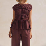 Women’s Ruched Cap Sleeve Peplum Top