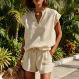 Women's 2 Piece Cap Sleeve V Neck Shorts Set
