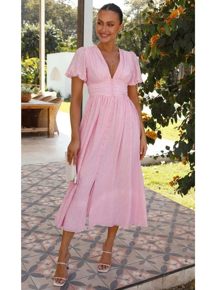 Women's Maxi Sundress V-Neck Puff Sleeve