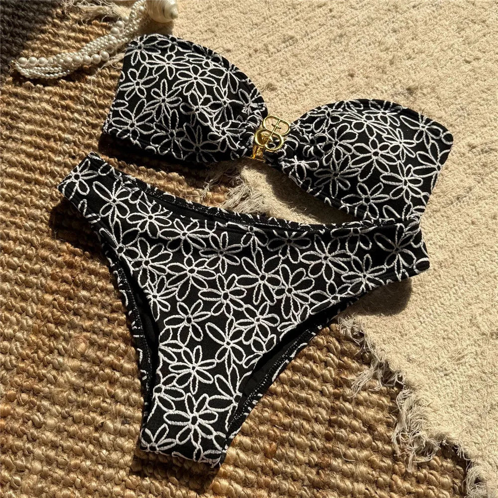 Women's Bandeau Bikini Set Floral Embroidery High Cut