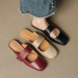 Women’s Leather Square Toe Chunky Heel Mules