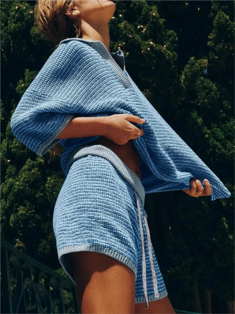 Women's Knit 2 Piece Shorts Set V Neck