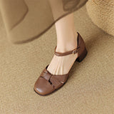 Women’s Leather Braided Ankle Strap Mid Heel Pumps