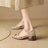 Women’s Leather Braided Ankle Strap Mid Heel Pumps