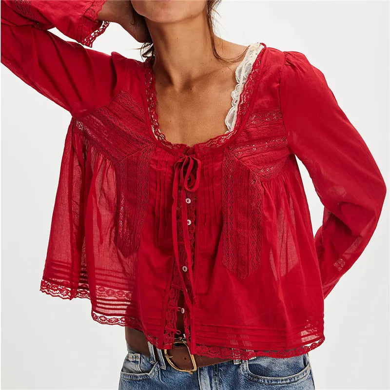 The Lace Trim Tie-Front Blouse