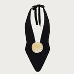 Riviera Rosette V-Neck One-Piece in Camel — Swimwear