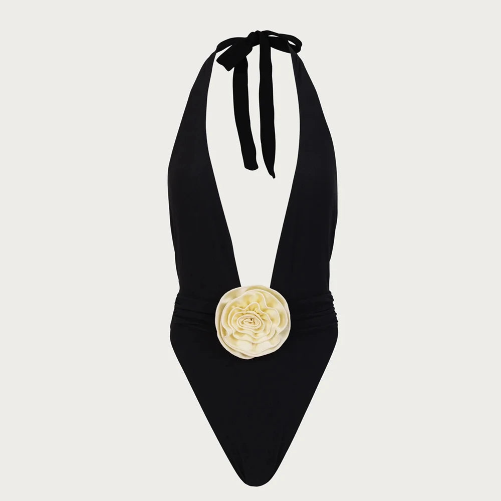 Riviera Rosette V-Neck One-Piece in Camel — Swimwear