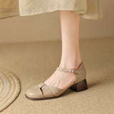 Women’s Leather Braided Ankle Strap Mid Heel Pumps