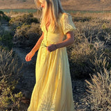 Women's Maxi Sundress V-Neck Puff Sleeve