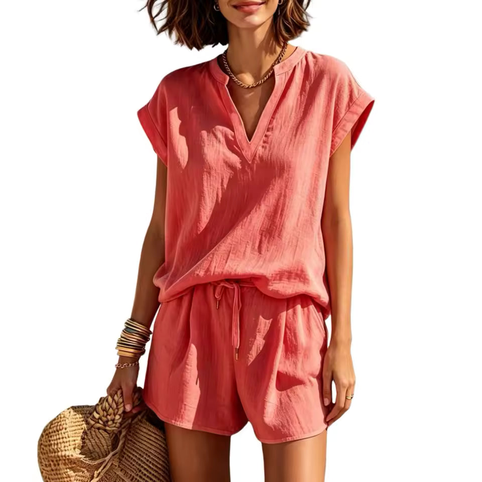 Women's 2 Piece Cap Sleeve V Neck Shorts Set