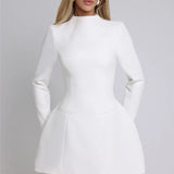 Elara White High Neck Long Sleeve Mini Dress