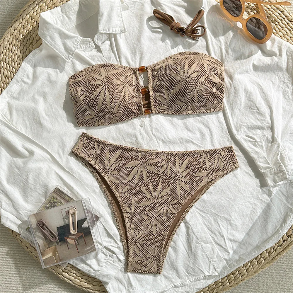 Women's Bandeau Bikini Set Hollow Out Brown
