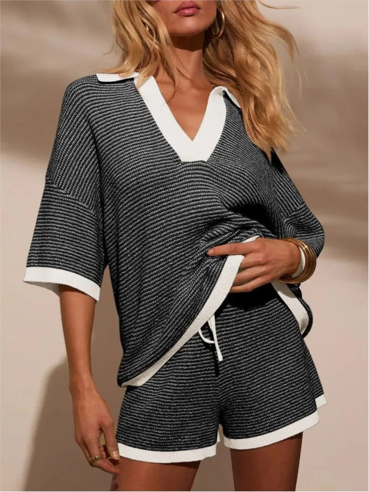 Women's Knit 2 Piece Shorts Set V Neck