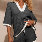 Women's Knit 2 Piece Shorts Set V Neck