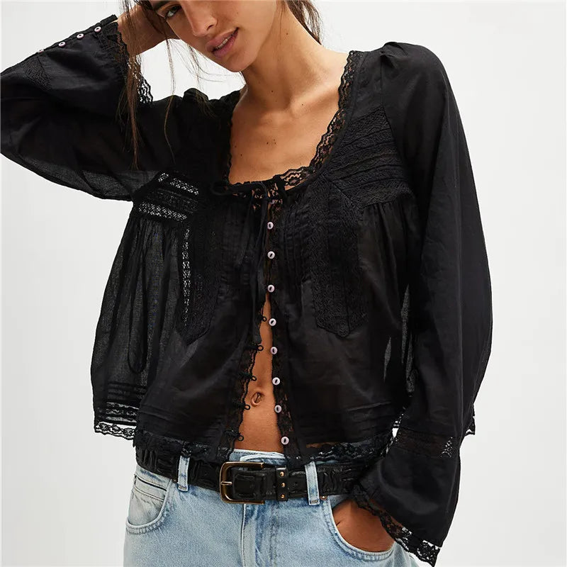 The Lace Trim Tie-Front Blouse