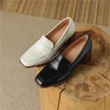 The Square Toe Leather Block Heel Pump