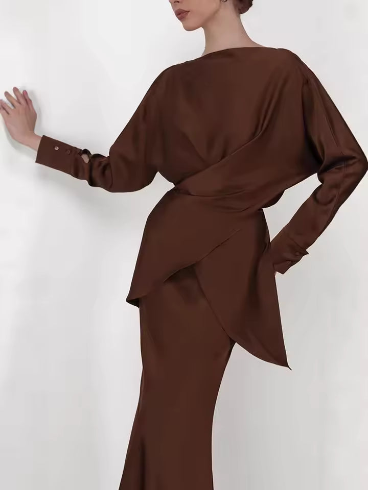 Women's Satin Two Piece Long Skirt Set
