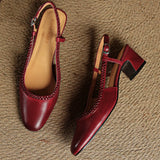 Women's Leather Slingback Heeled Sandals Round Toe