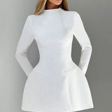 Elara White High Neck Long Sleeve Mini Dress
