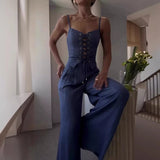 Women’s Lace-Up Top Wide Leg Pants Set