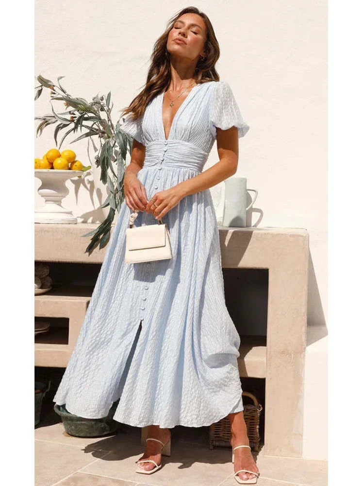 Women's Maxi Sundress V-Neck Puff Sleeve