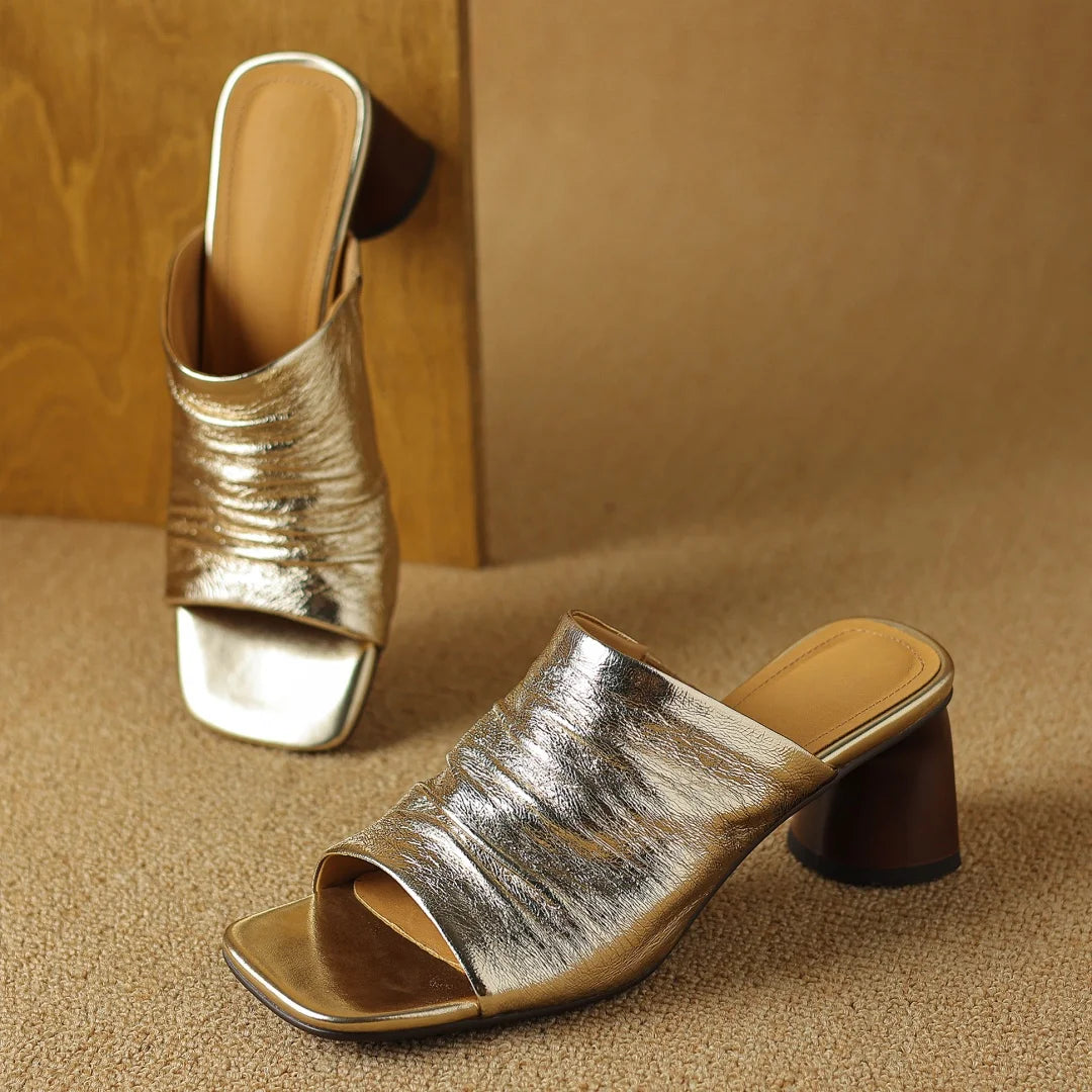 The Ruched Leather Block Heel Mule