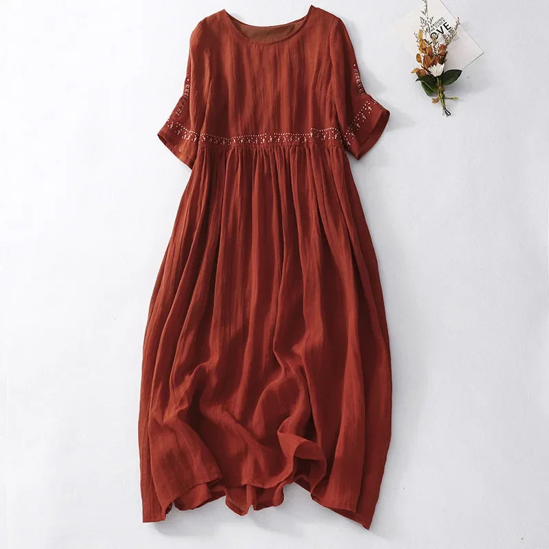 Women's Cotton Linen Midi Dress Boho Embroidery