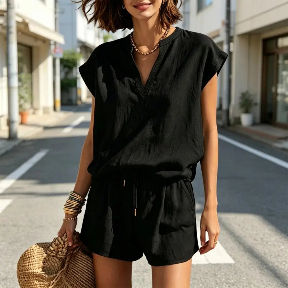 Women's 2 Piece Cap Sleeve V Neck Shorts Set
