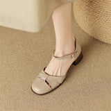 Women’s Leather Braided Ankle Strap Mid Heel Pumps
