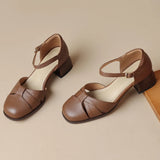 Women’s Leather Braided Ankle Strap Mid Heel Pumps